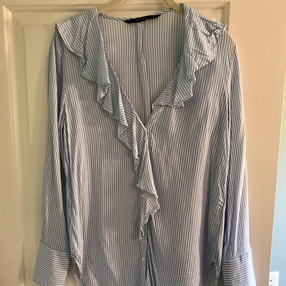 Zara Basic Blue & White Striped Ruffle Shirt